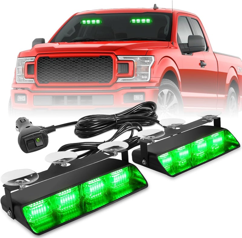 HLauto 2002L Emergency Dash Strobe Lights: Green Safety Lights, Flashing Warning Hazard Windshield Visor Traffic Light Bars for Trucks, Construction Vehicles (2x8.5 inch, 48LED) - Image 1